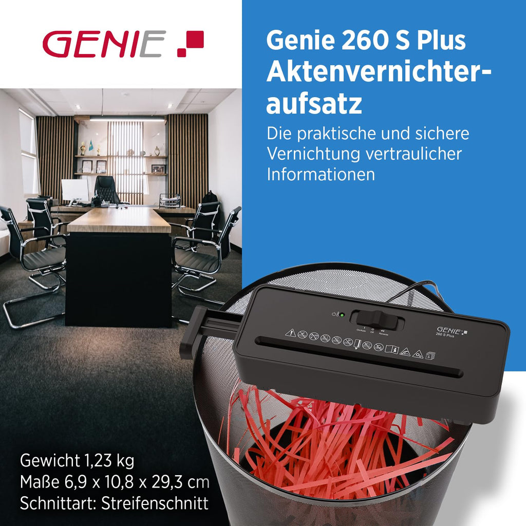 GENIE 260 S Plus Aktenvernichter | Papierschredder mit 6-mm Streifenschnitt | Schredder Aktenvernichter für Zuhause | Shredder Papier kompakt | Mit universal Aufsatz | Paper Shredder