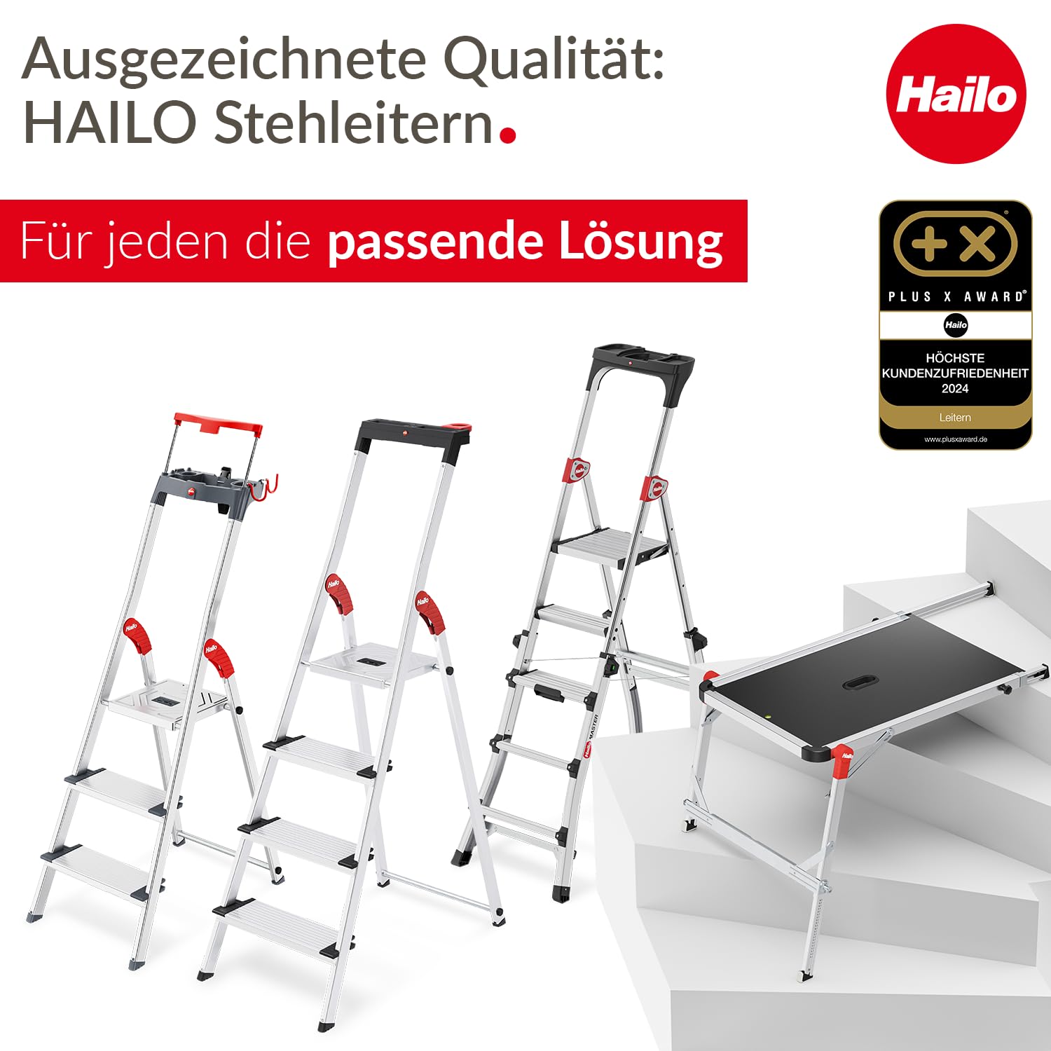 Hailo L85 ComfortLine Alu-Sicherheits-Stehleiter - 4 XXL-Stufen belastbar bis 150 kg - Tiefe Standfläche & Haltegriff - Stehleiter mit Ablage - Aluleiter Made in Germany - Leiter rostfrei - Silber