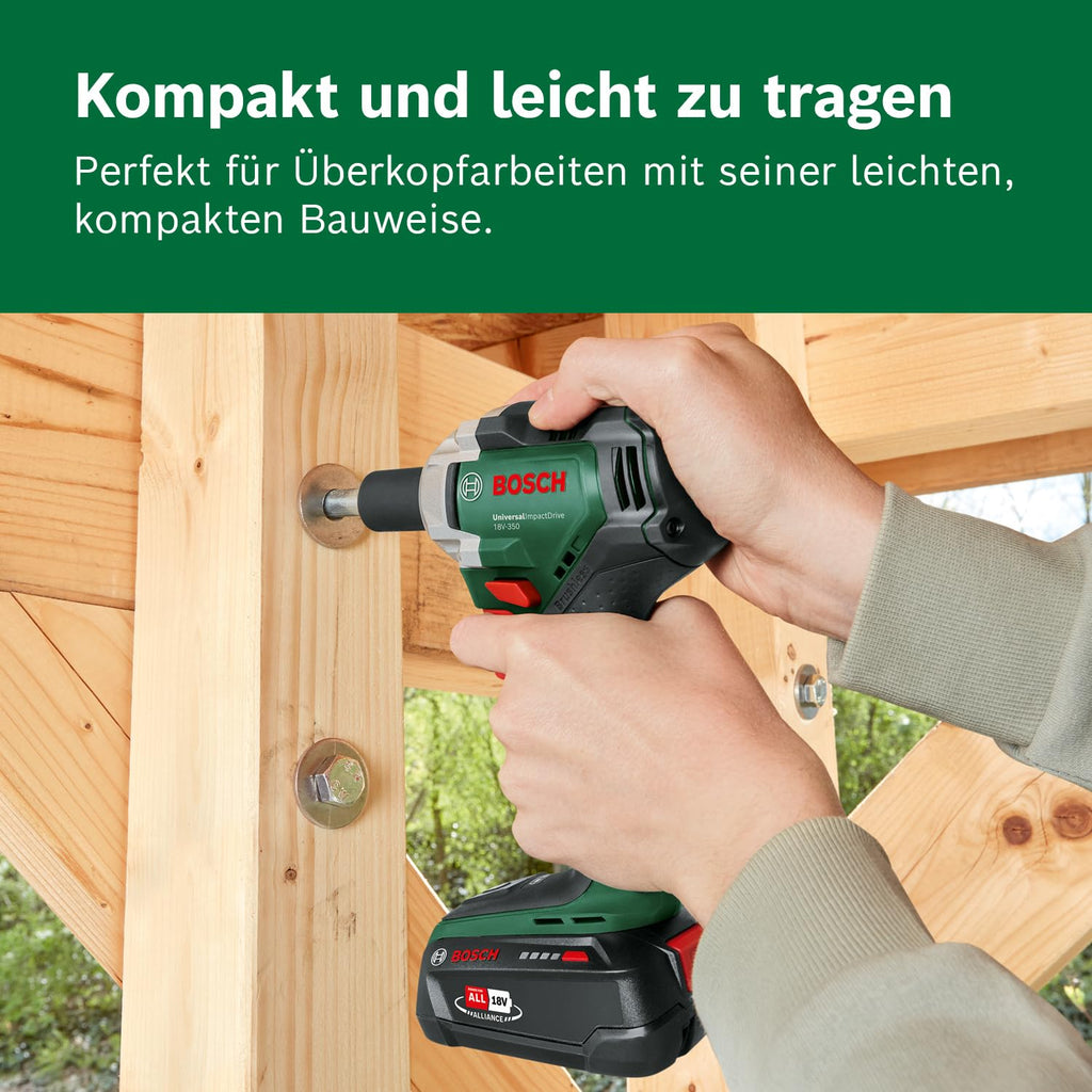 Bosch Akku-Drehschlagschrauber UniversalImpactDrive 18V-350 (kraftvolles Schrauben und Befestigen im Bauwesen; max. Drehmoment: 350 Nm; Sechskantadapter; Mutternschlüsselsatz; ohne Akku)