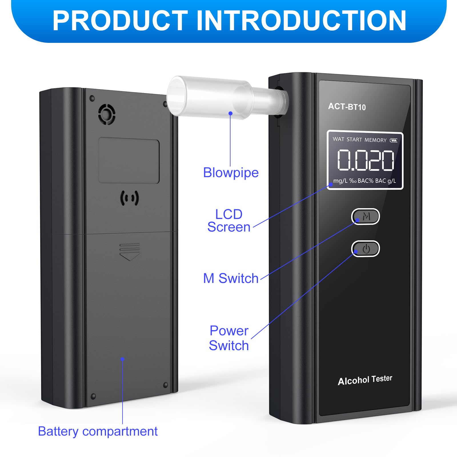 Milduall Alkoholtester Polizeigenau, Professioneller Alkoholmessgerät mit digitaler LCD-Anzeige Promillemessgerät Atemalkoholtester mit 10 Mundstücken, Gradgenauigkeit für Outdoor Patry