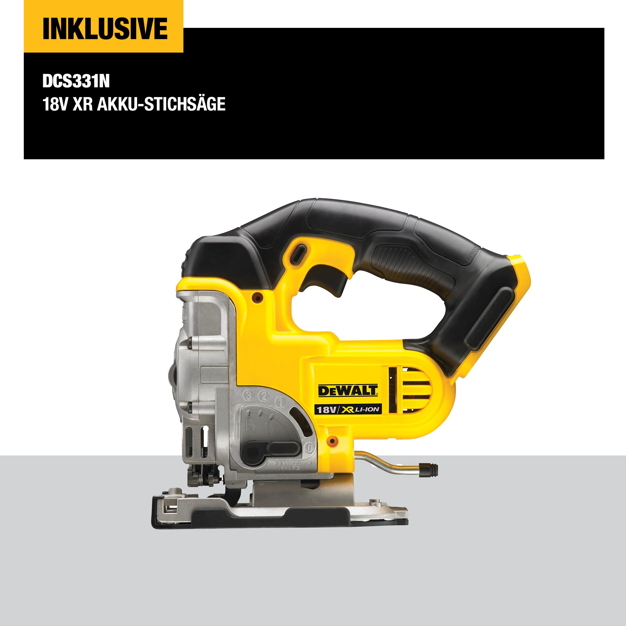 Dewalt 18 Volt Akku-Stichsäge DCS331N (vibrationsarmer Hochleistungsmotor, elektronische Hubzahlregulierung, Hublänge: 26 mm, beidseitige Neigungseinstellung: 45°, Lieferung ohne Akku und Ladegrät)