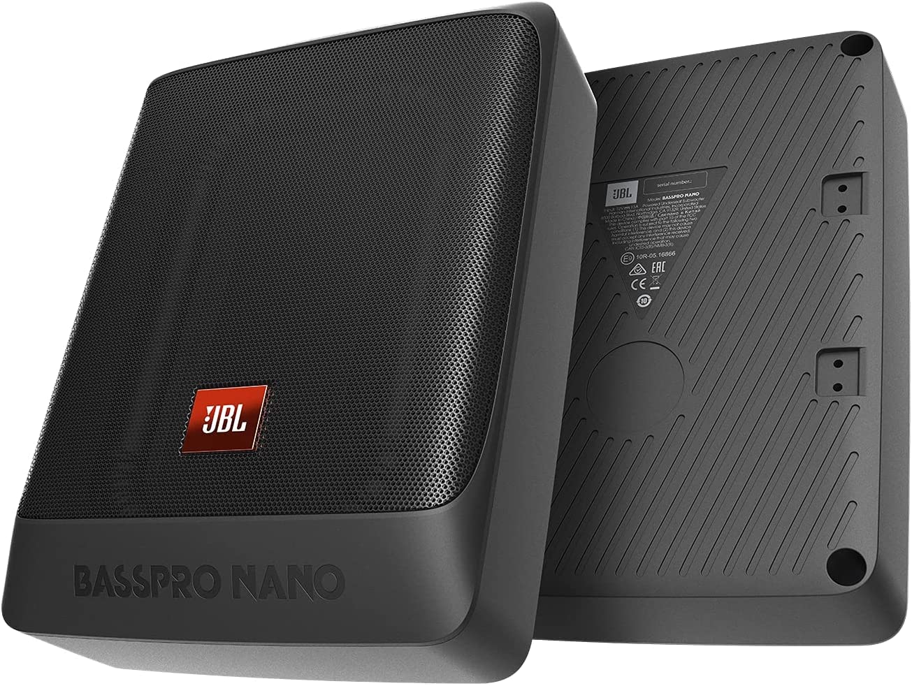 JBL BassPro Nano Ultra-Kompaktes aktives Untersitz Subwoofer Set 15 x 20 cm - 200 Watt Unter sitz Auto Subwoofer Aktiv, schwarz