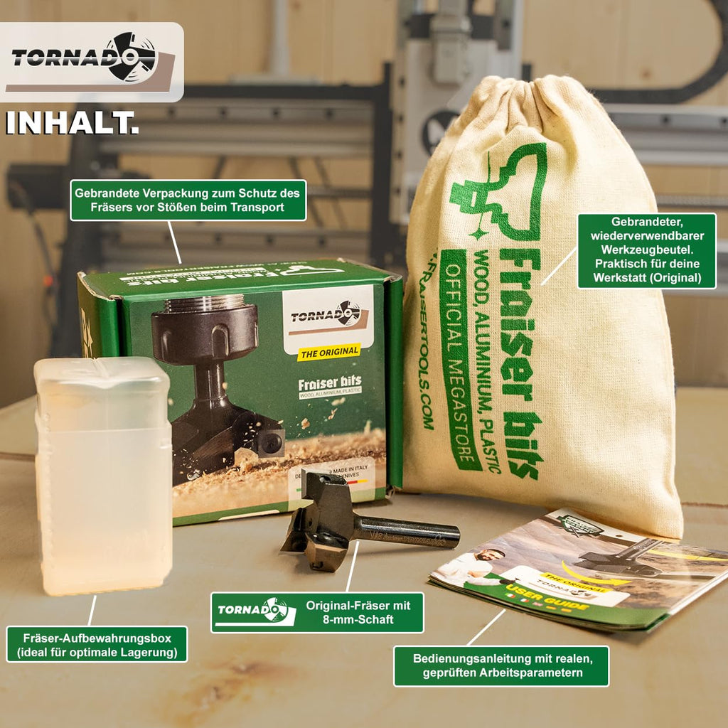 Fraiser Tornado – Planfräser Holz mit Schnittdurchmesser 35 mm und 8 mm Schaft, 3 austauschbaren HM-Wendeplatten – Flächenfräser, Kantenfräser und Nutfräser für CNC und Oberfräse
