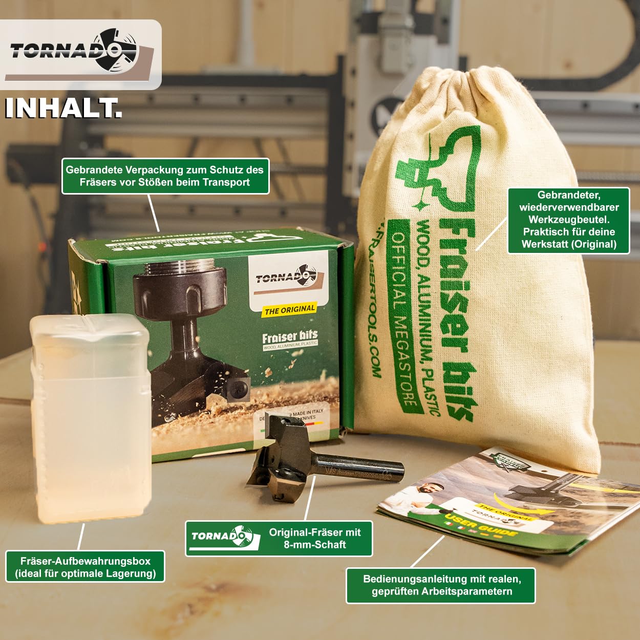 Fraiser Tornado – Planfräser Holz mit Schnittdurchmesser 35 mm und 8 mm Schaft, 3 austauschbaren HM-Wendeplatten – Flächenfräser, Kantenfräser und Nutfräser für CNC und Oberfräse
