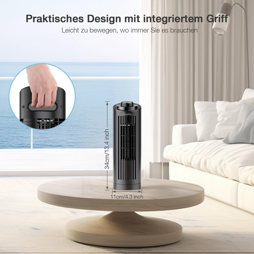 Grelife Turmventilator Leiser, 7,9m/s Geschwindigkeit, 80° Oszillierende Ventilatoren, Schnelle Kühlung Tischventilator für Büro, Zuhause, Schlafzimmer, Schwarz
