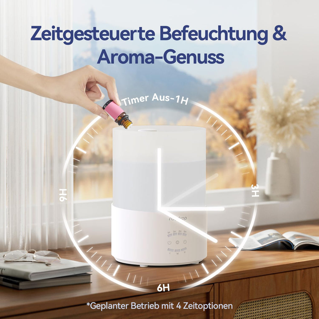 raydrop Luftbefeuchter Schlafzimmer 3L, Ultraschall Cool Mist Luftbefeuchter für große Räume & Zuhause, Top-Fill Humidifier für Baby & Pflanzen, Aroma Diffusor mit LED-Licht, Timer & Auto-Abschaltung
