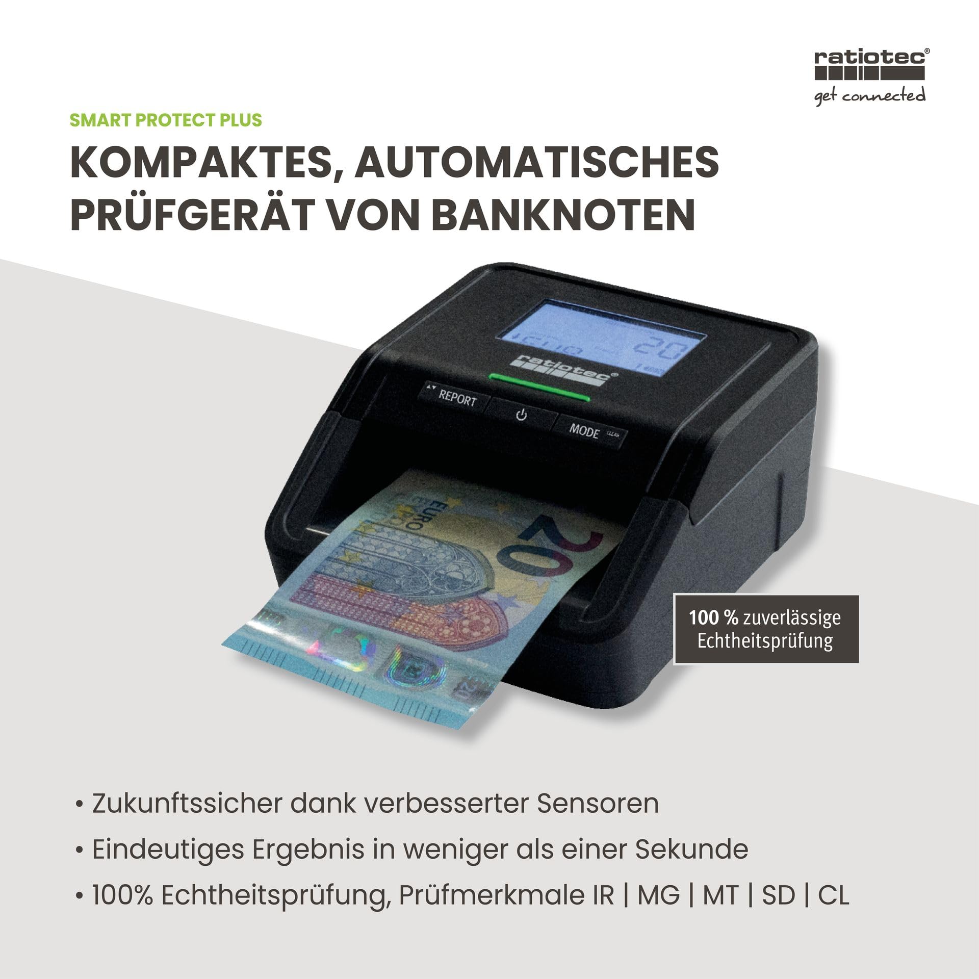 ratiotec Banknotenprüfgerät Smart Protect Plus – automatisches Prüfgerät zur 100% Echtheitsprüfung von Banknoten