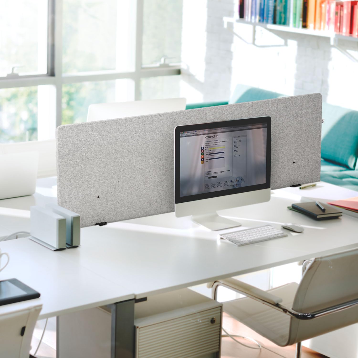 hjh OFFICE Akustik Trennwand Schreibtisch FLEXMIUT D 62 x 180 cm Stoff Hellgrau Sichtschutz Tischtrennwand 891010