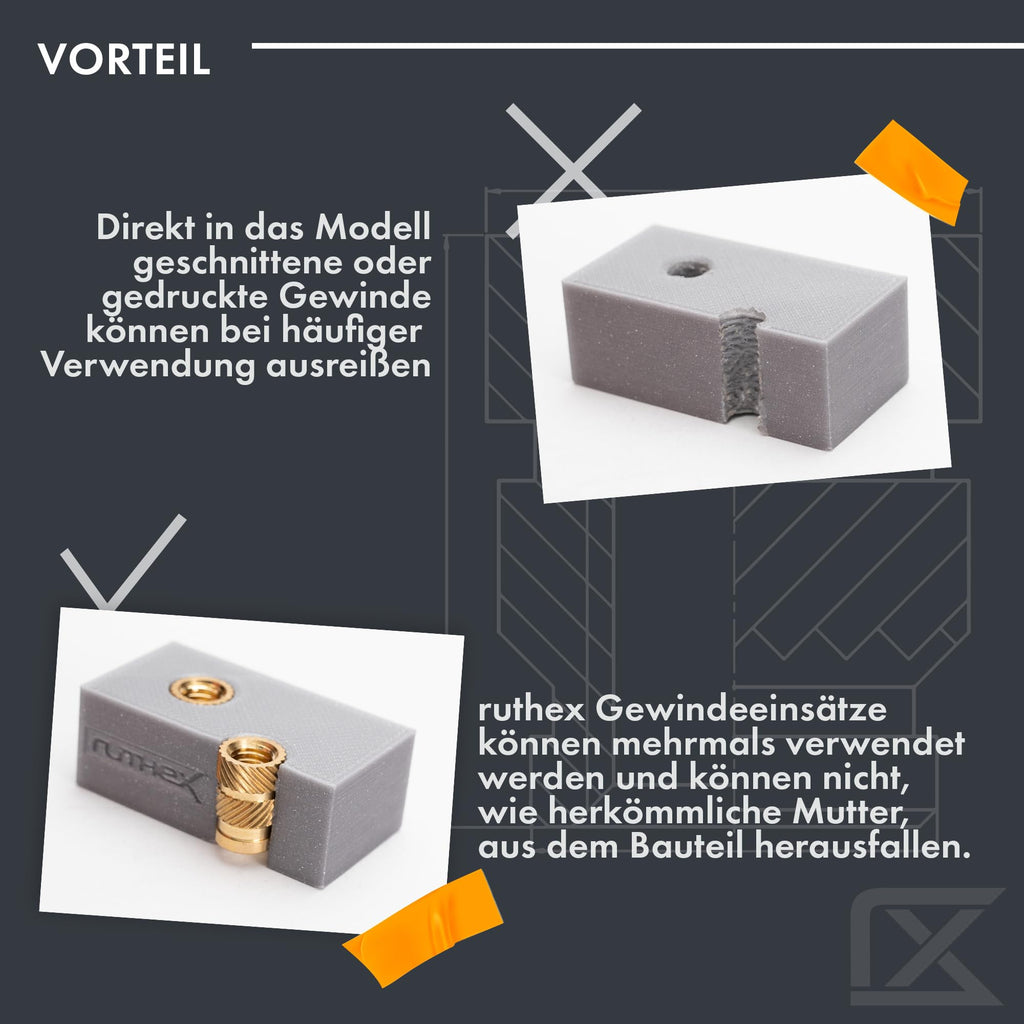 ruthex Gewindeeinsätze M2 + M3 + M4 + M5 Sortimentskasten - 70 + 100 + 50 + 50 Stk. BLEIFREIE Gewindebuchsen aus Messing - zum Einschmelzen einer Gewindehülse in 3D-Druck-Teile aus Kunststoff