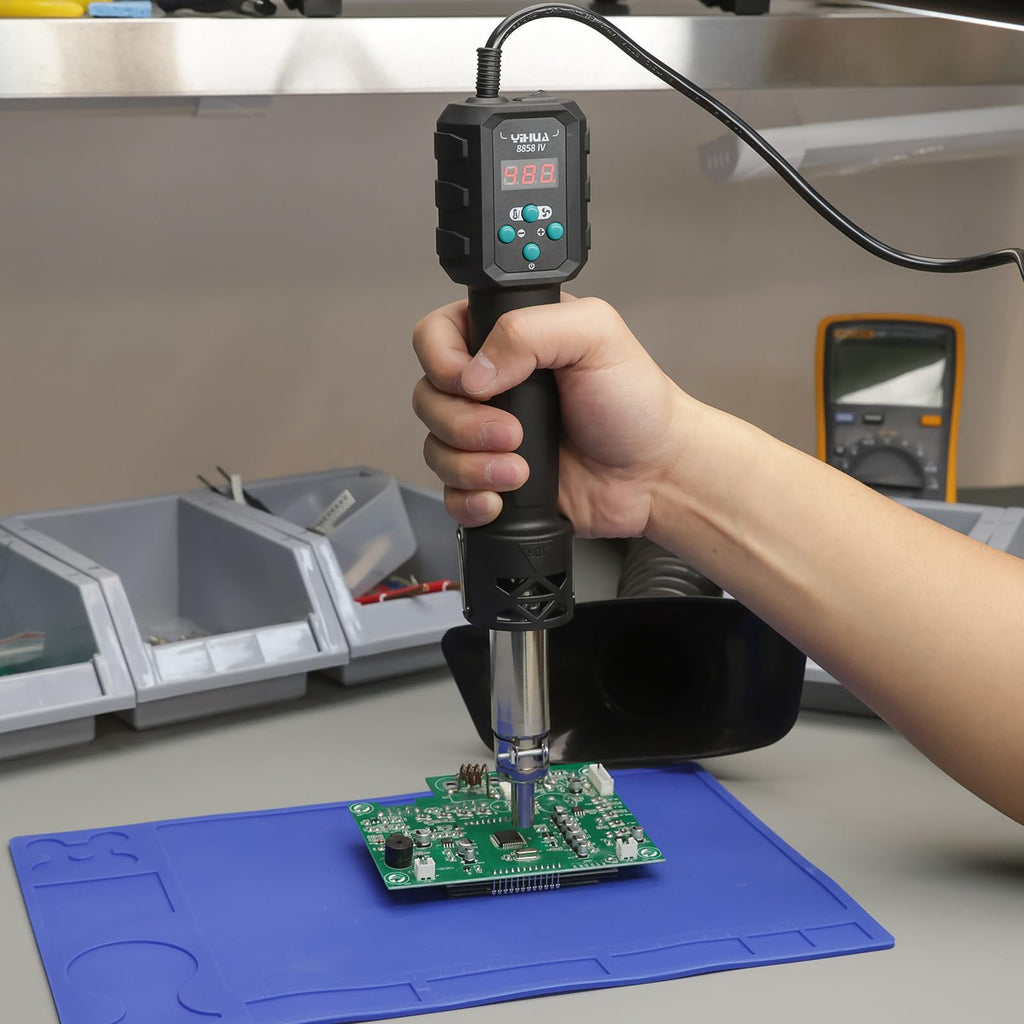 YIHUA 8858-IV Mehrzweck-Heißluftfön für Basteln Elektroniklöten DIY Schrumpfschlauch und -folie Lötbrenner mit Temperatur- und Luftstromregelung 3 Düsen eingebauter Ständer manueller Standby-Modus