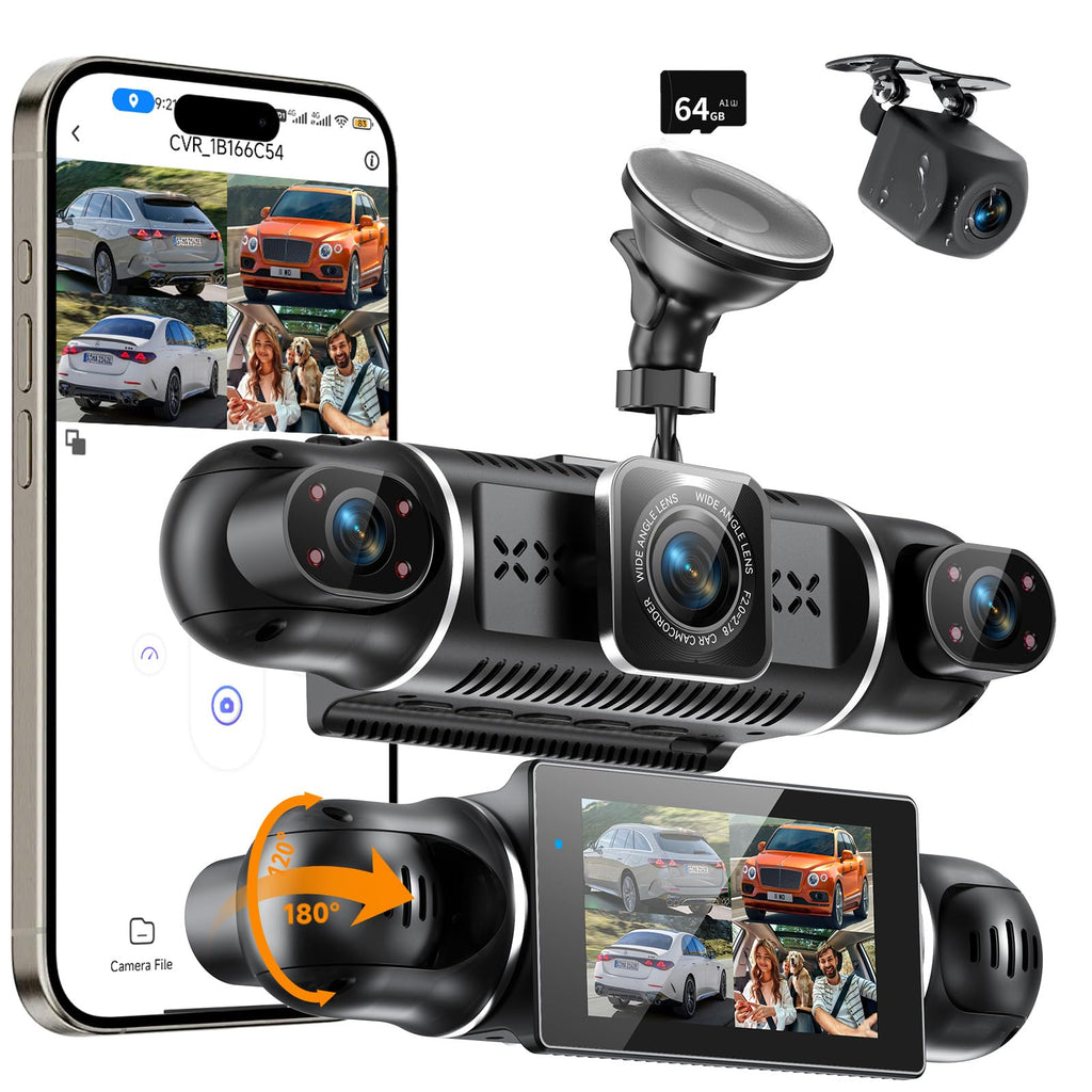 Dashcam Auto Vorne Hinten 2K/1080P,4 Kanal Auto Kamera mit 64GB SD-Karte,360°Dash Cam mit parküberwachung,3" IPS-Bildschirm,4X140° Weitwinkel,WDR Nachtsicht(8 IR-LEDs),G-Sensor,Loop-Aufnahme,WiFi App