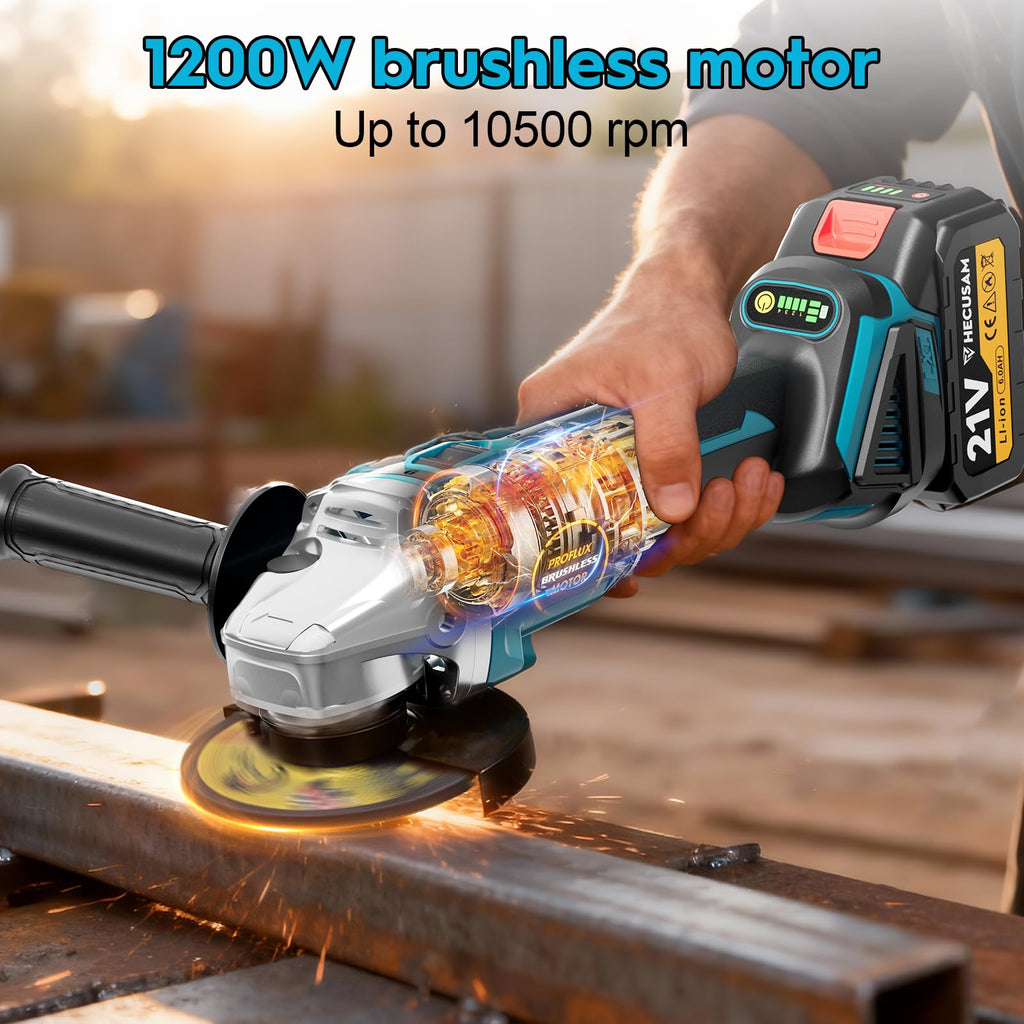 Akku Winkelschleifer 125mm, Flex Akku Winkelschleifer Set mit 2x 4.0Ah Akku, 1200W Bürstenloser Motor 4-stufige Regelung 10.500RPM, 10 Stk Schneidscheiben für Trennen, Schleifen & Bürsten