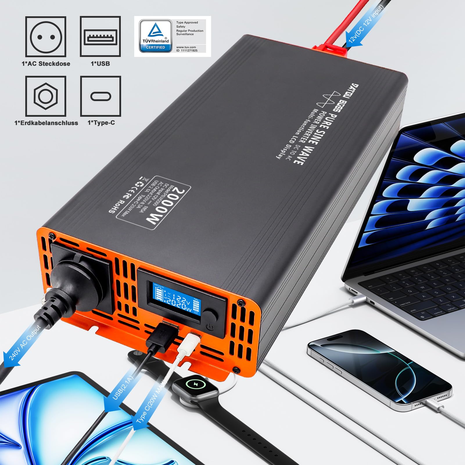 DATOUBOSS Wechselrichter 12v auf 230v 2000W/4000W Reiner Sinus Spannungswandler Power Inverter mit LCD-Bildschirm 1 Type-c und 1 USB Anschlüsse für Wohnmobil Auto