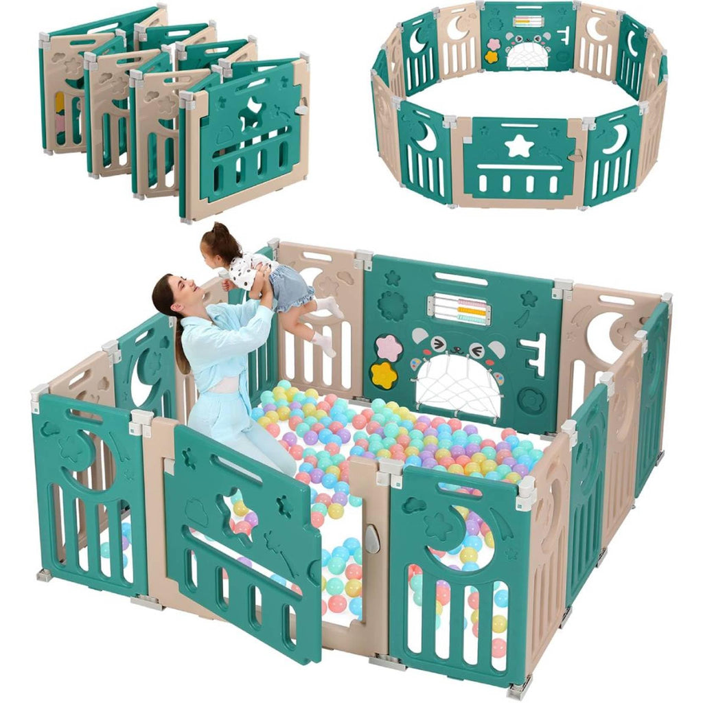 Dripex Laufstall Baby faltbar 150x150x62cm (14 Paneele) mit Spielboard, Laufgitter Baby, Kinderlaufstall & Babyzaun aus strapazierfähigem Plastik, Playpen für Innen & Außen, Braun