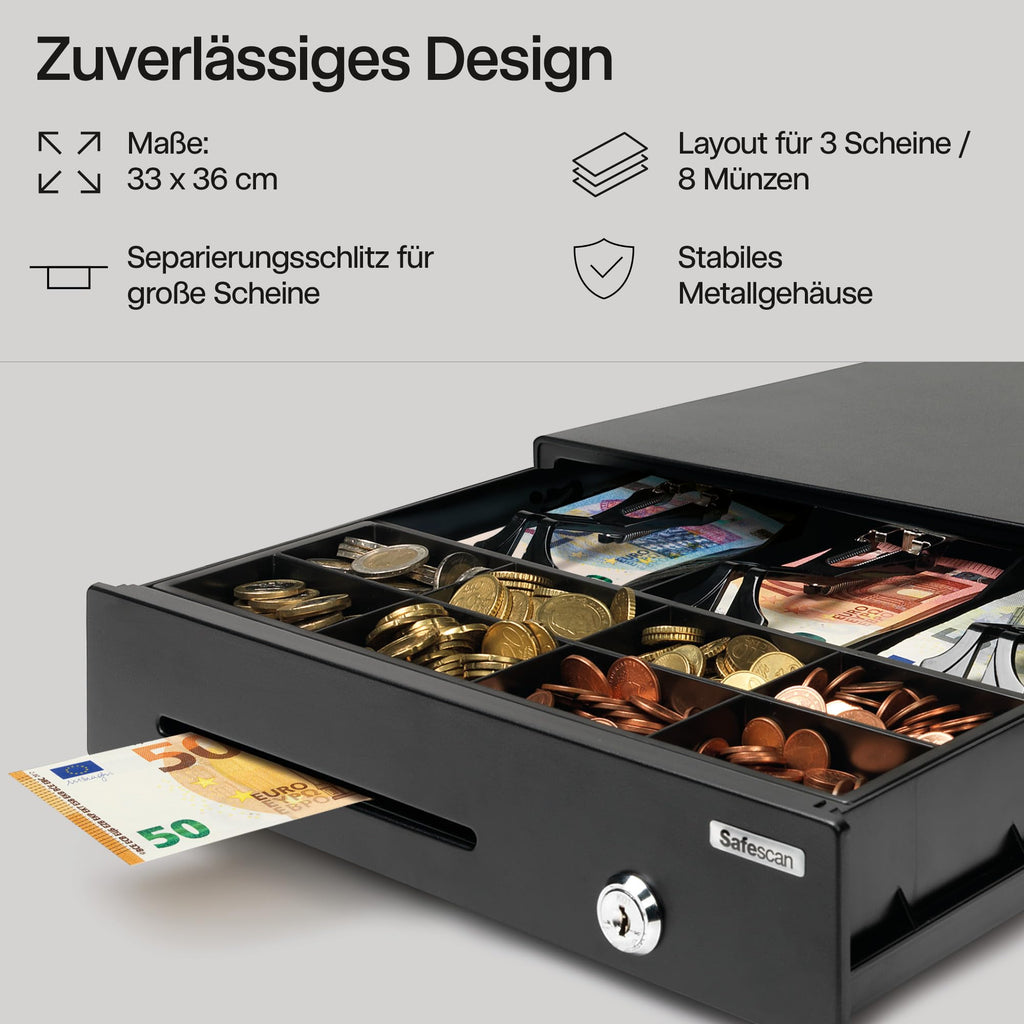 Safescan LD-3336 Light-Duty Kassenschublade mit 3 Fächern für Banknoten und 8 für Münzen - Kassenlade mit RJ-12 Anschluss (z.B. Registrierkasse) - Kompakte Kassenschublade von 33 x 36 x 10 cm