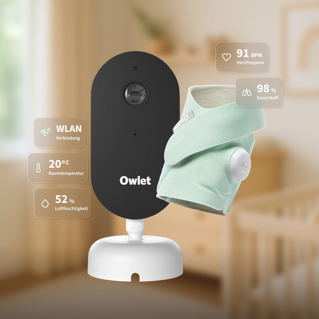 Owlet Dream Duo – Smart Baby Monitor mit Dream Sock® Sensor, präzise Puls- & Sauerstoffmessung, 2K HD Kamera, Schlafanalyse, WLAN & App-Steuerung für sicheres Baby-Monitoring, Mint