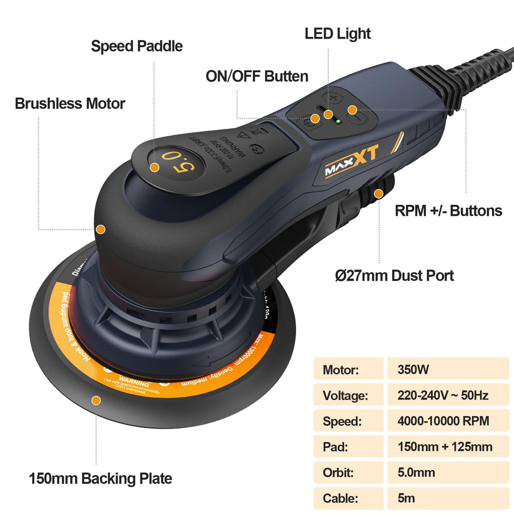 MAXXT 5,0 mm Brushless Exzenterschleifer 230V mit Dreikernverkabelung - Vielseitiger Elektrischer Schleifer mit Variablem Tempo und 10 Schleifscheiben - Kabelgebunden