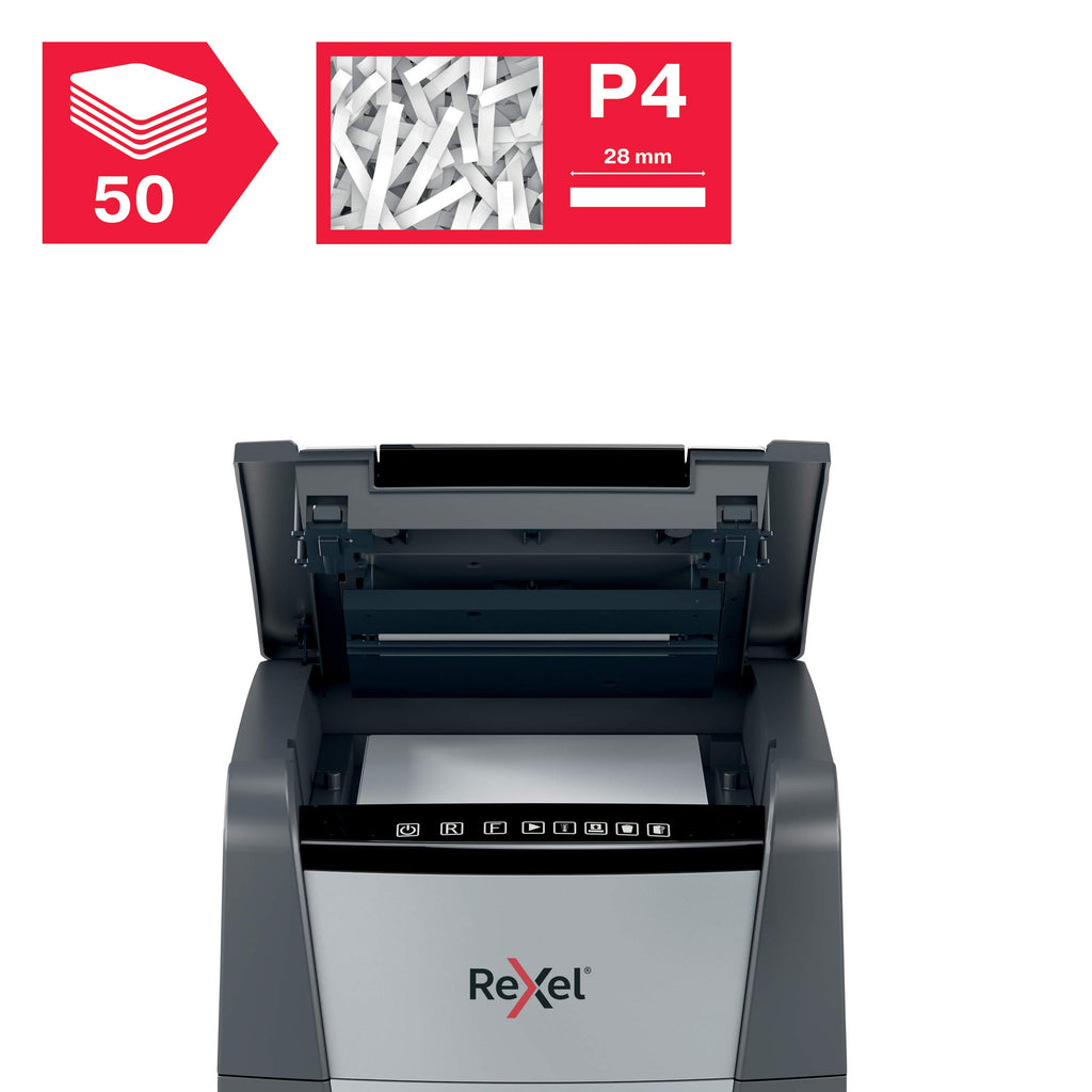 Rexel Optimum AutoFeed+ 50X Automatischer Aktenvernichter, 50 Blatt automatisch, Sicherheitsstufe P4, Partikelschnitt, für Zuhause / Home Office, 20 Liter Abfallbehälter, 2020050XEU