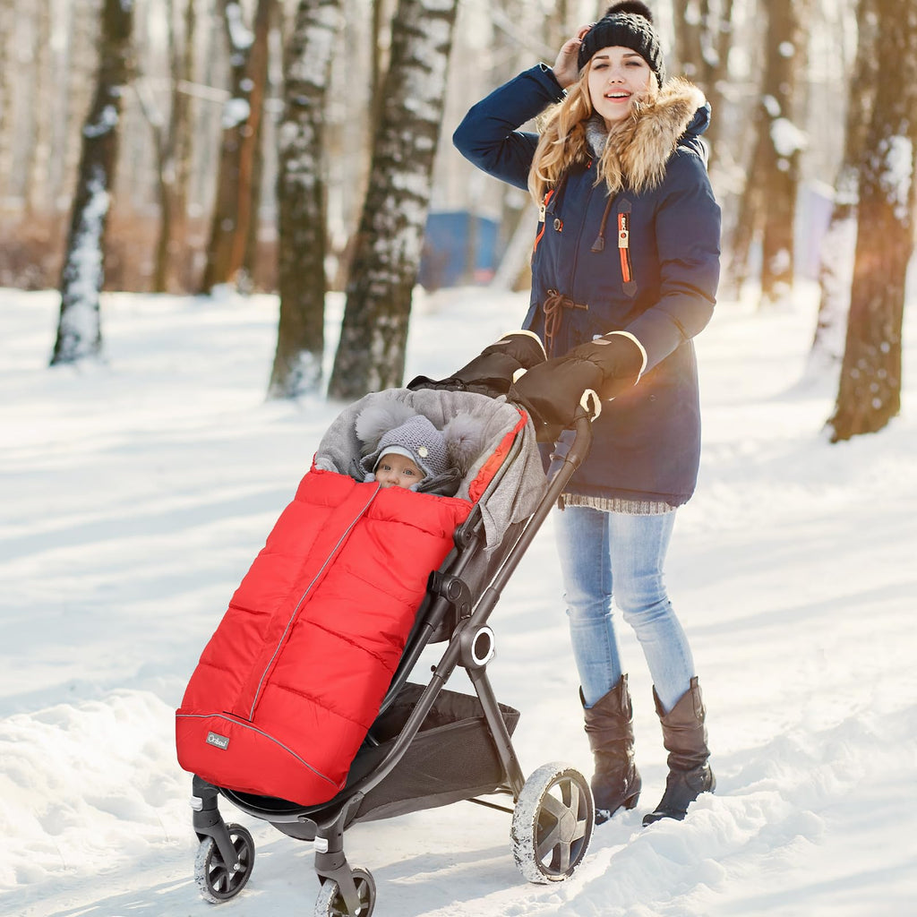 Orzbow Fußsack Kinderwagen Winter, Fußsack Buggy Fusssack Kinderwagen Baby Winter mit Wamres Korallen-Fleece, Reißverschluss, Anti-Rutschschutz & Reflektorstreifen, Universelle & Wasserdicht, Rot