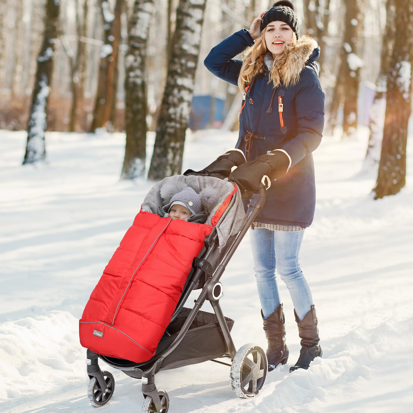 Orzbow Fußsack Kinderwagen Winter, Fußsack Buggy Fusssack Kinderwagen Baby Winter mit Wamres Korallen-Fleece, Reißverschluss, Anti-Rutschschutz & Reflektorstreifen, Universelle & Wasserdicht, Rot