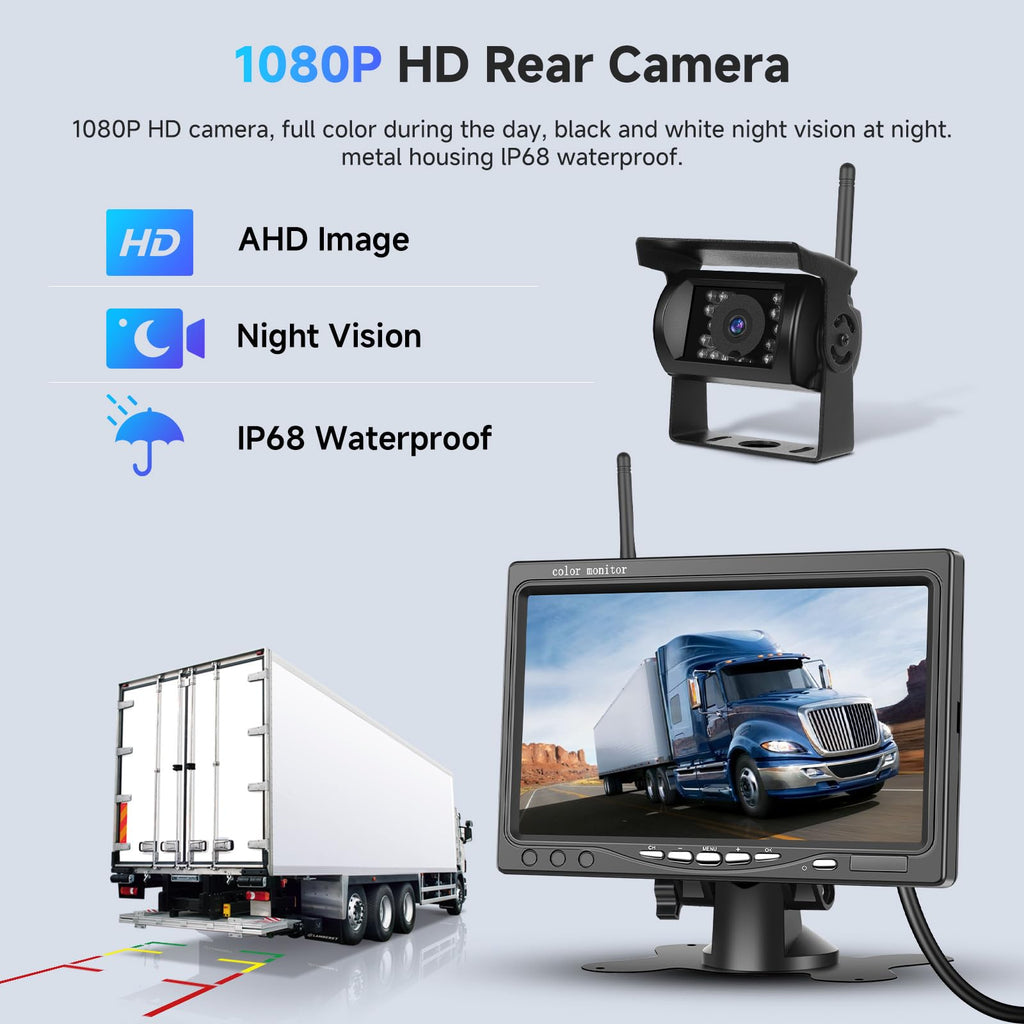 Podofo Kabelloses Rückfahrkamera-Set HD 1080P, 7-Zoll-Monitor mit kabelloser Rückfahrkamera für Anhänger, Wohnmobil, LKW, Auto, Bus, IP68 wasserdicht, Nachtsicht, BSD, 12V-36V