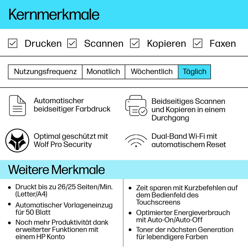 HP Color LaserJet Pro MFP 3302fdwg Multifunktions-Farblaserdrucker, Fax, Automatischer beidseitiger Druck, Touchscreen, Wi-Fi, Ethernet, USB, Wolf Pro Security