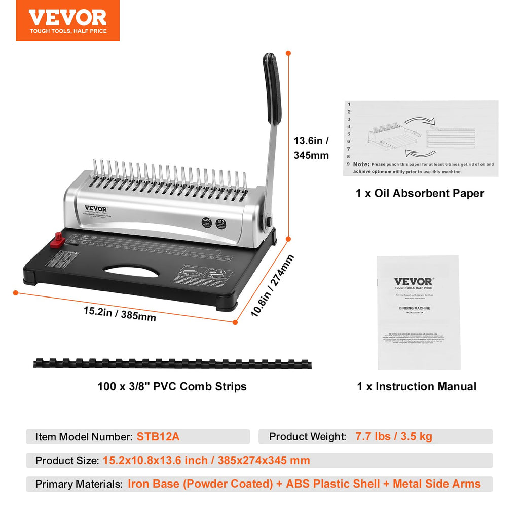 VEVOR Bindemaschine, Kammbindemaschine 21-Loch-Bindung 450 Blatt, Buchbindemaschine mit 100 Stück 3/8 Zoll Kammbinderücken, für Briefgröße, A4, A5