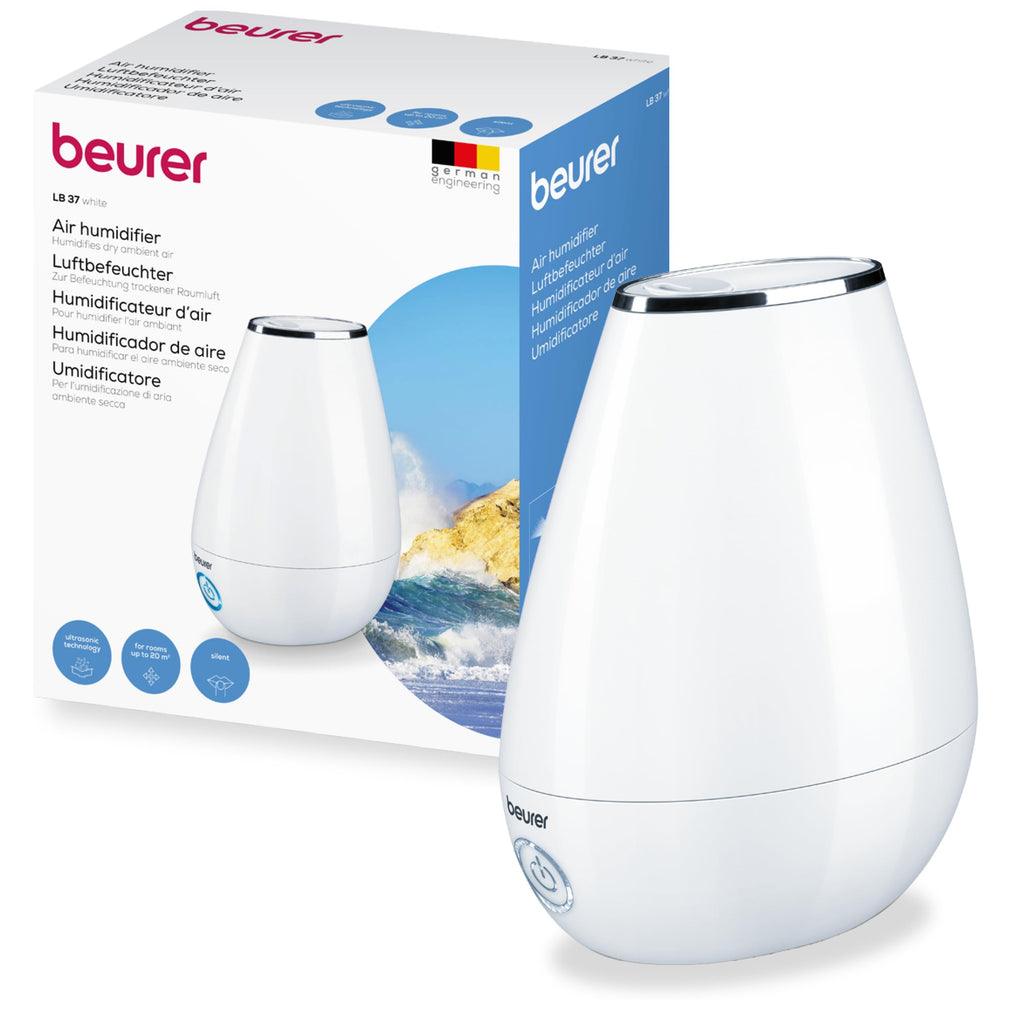 Beurer LB 37 Luftbefeuchter mit Ultraschall-Zerstäubung, inkl. integriertem Aroma Diffuser, Humidifier mit leisem Nachtmodus fürs Schlafzimmer, 2L Tank für Räume bis 20 m², weiß