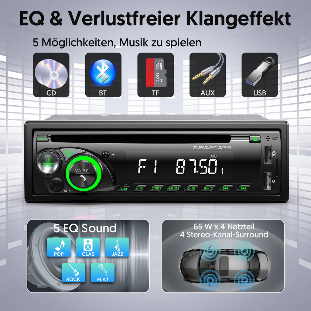 9-24V Autoradio mit CD DVD Player und Bluetooth Freisprecheinrichtung,RDS 1DIN Autoradio 7 Farben MP3 Player FM/AM Radio mit 2 USB SD/AUX/Lenkradfernbedienung
