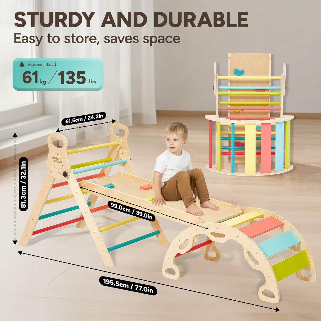 Giant bean 5-in-1 Montessori Kletterdreieck mit Kletterbogen und Rutsche, Holzdreieck für Kleinkinder ab 2-5, Indoor Kletterspielzeug, Regenbogen mit Griff (M)