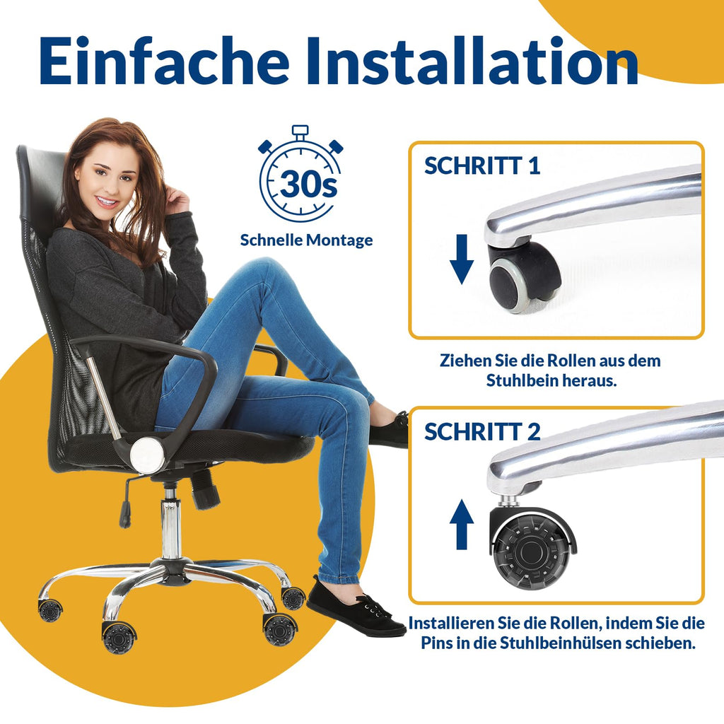 COSYLAND Bürostuhl Rollen 10mm x 22 mm - 5er Set Rollen für Bürostühle - Super Leise und Weiche für Hartböden, Parkett, Teppich, Laminat, Keine Bodenschutzmatte Nötig, Schwarz Doppelräder