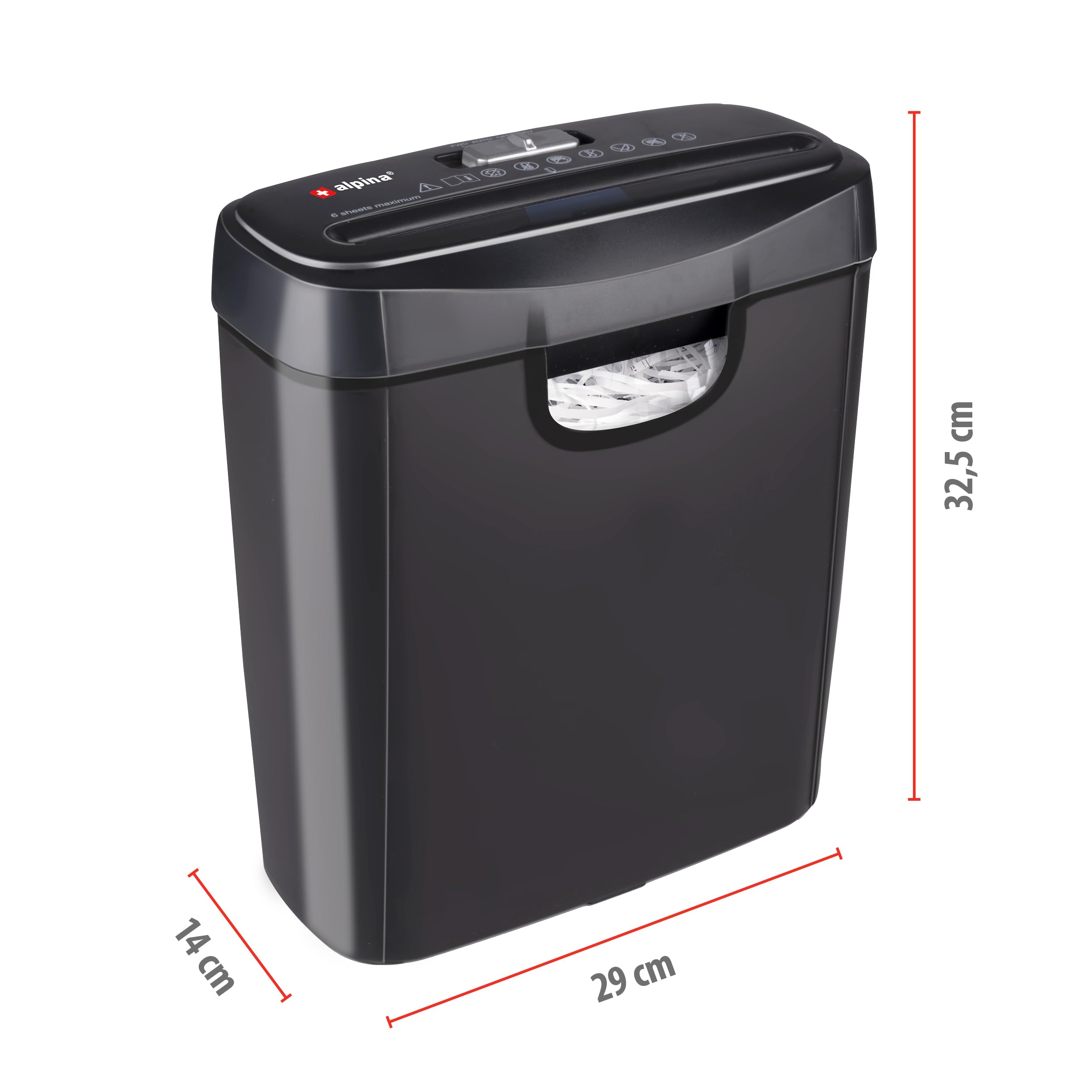 Alpina Aktenvernichter – Papiershredder für Zuhause und Büro – Shredder Zerstört Kreditkarten – Zerkleinern Sie 6 A4-Blätter auf Einmal - 10L Behälter – 190W Leistung – Schwarz