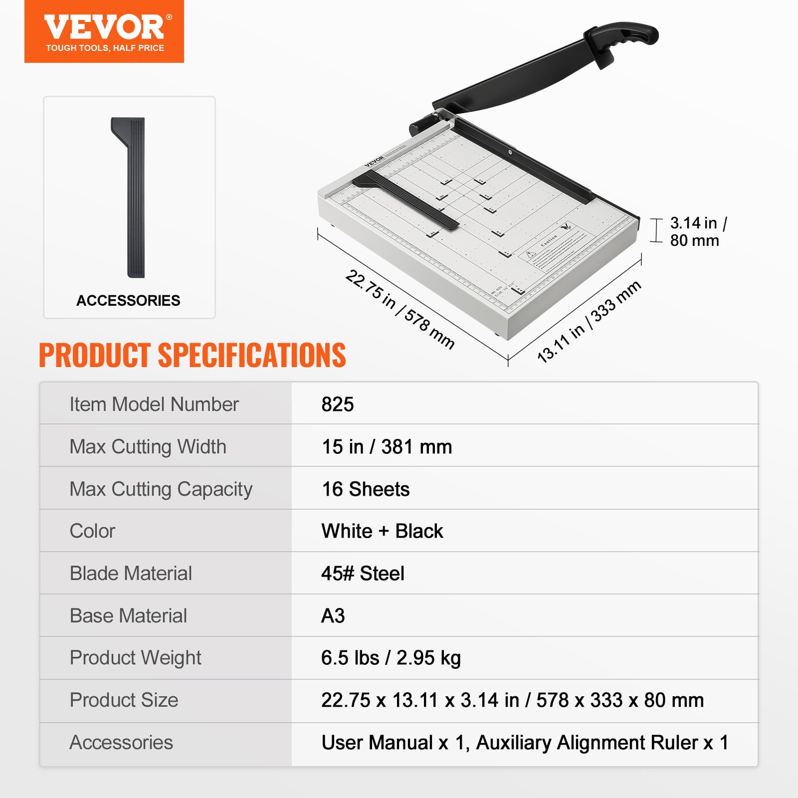 VEVOR Papierschneider Hebelschneider, 381 mm Max. Schnittbreite Manuelle Papierschneidemaschine, 16 Blätter Kapazität, mit Schutzschiene/Klingenarretierung für Karton/Pappe, Papierschneider