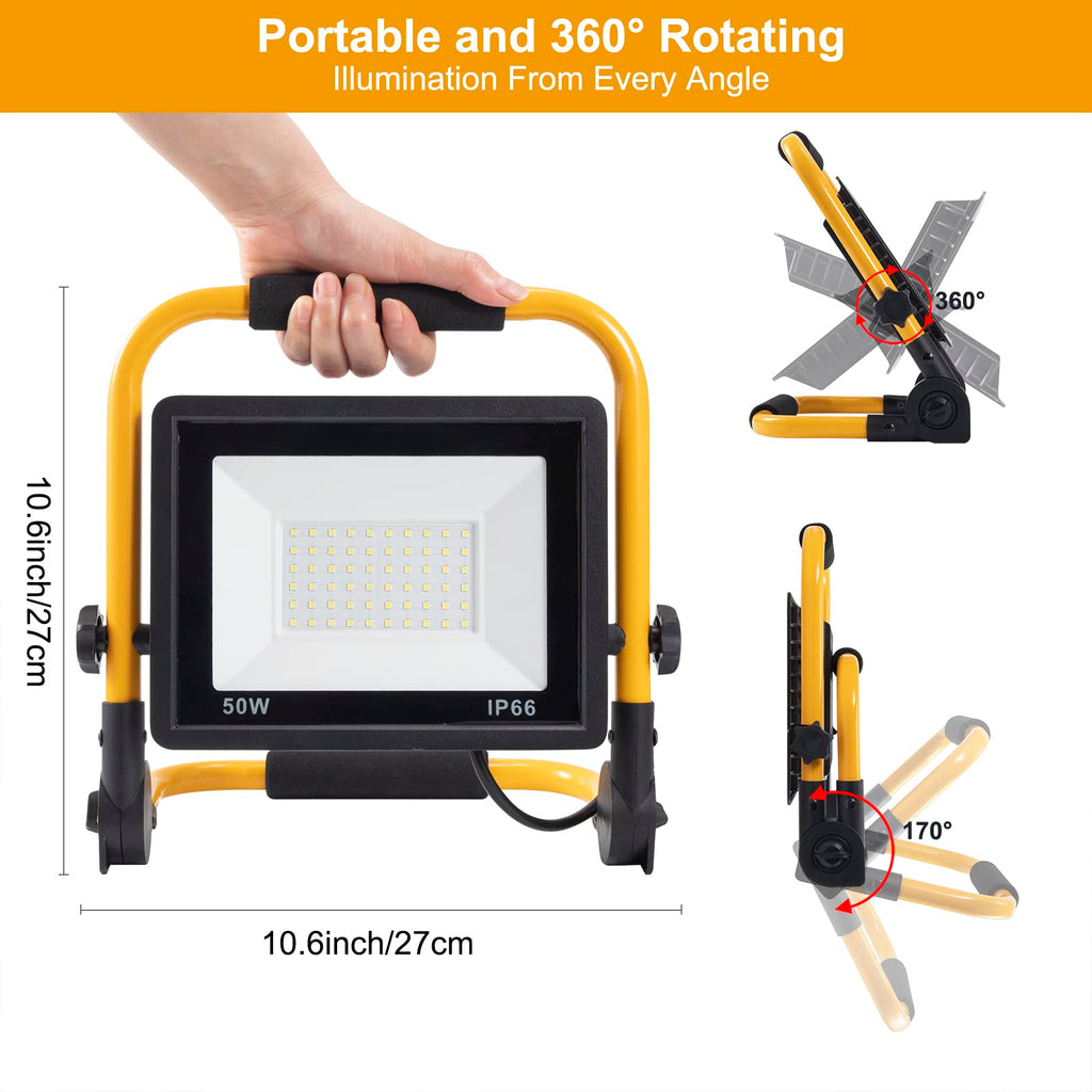 LED Baustrahler, 50W 5000LM Arbeitsleuchte, LED Arbeitsleuchte mit Stecker, IP66 Wasserdicht Baustrahler mit 4M Kabel, Tragbar für Werkstatt oder Baustelle,Garage, 6500K