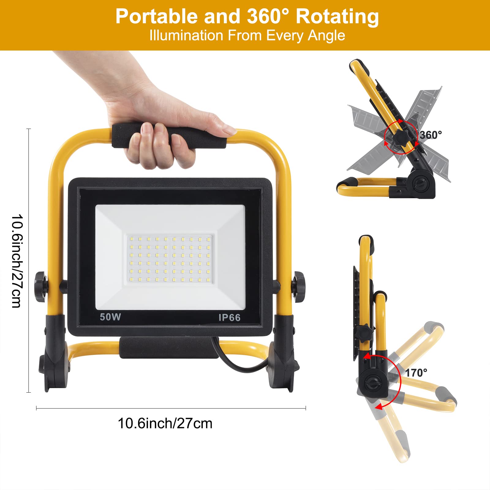 LED Baustrahler, 50W 5000LM Arbeitsleuchte, LED Arbeitsleuchte mit Stecker, IP66 Wasserdicht Baustrahler mit 4M Kabel, Tragbar für Werkstatt oder Baustelle,Garage, 6500K