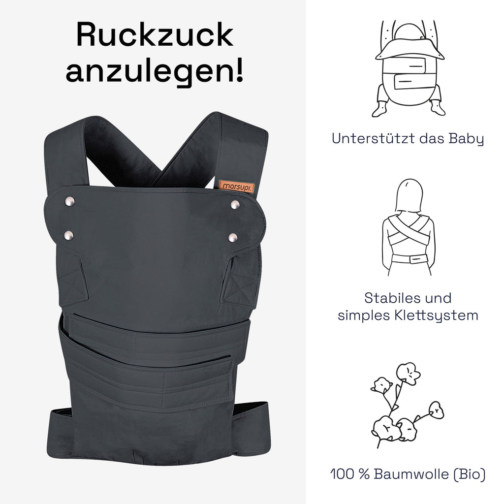 marsupi Classic Babytrage - Neugeborene von der Geburt bis zu 15 kg - Baby Erstaustattung - Klett-Verschluss - Leicht und Kompakt - Grey XL