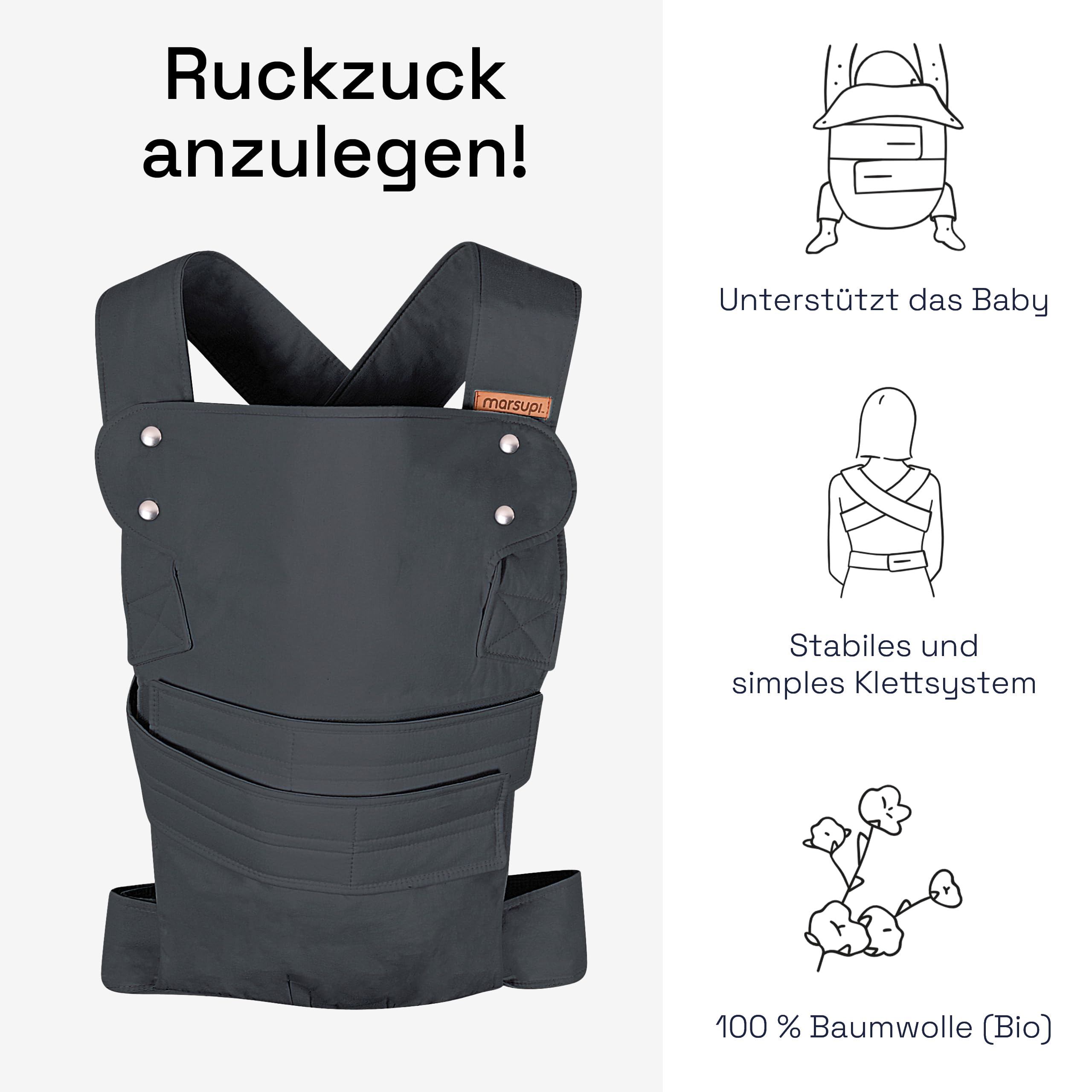 marsupi Classic Babytrage - Neugeborene von der Geburt bis zu 15 kg - Baby Erstaustattung - Klett-Verschluss - Leicht und Kompakt - Grey XL