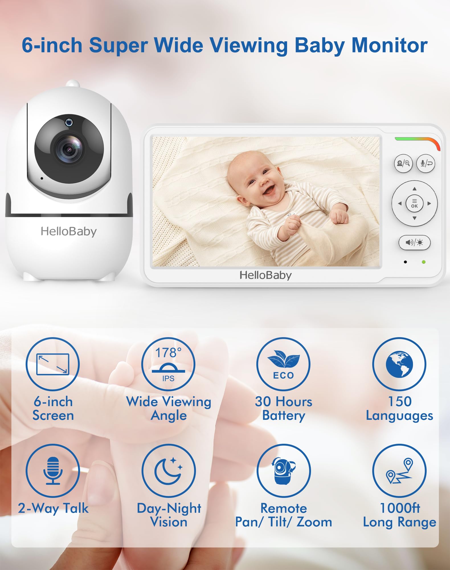 HelloBaby 6 Zoll Baby Monitor mit Kamera & Teilbild-Funktion, 4000mAh Akkulaufzeit, 355°/120° Schwenk & Neige, Nachtsicht, Kein WLAN, Temperaturalarm & Schlaflieder, ECO, Kein WLAN