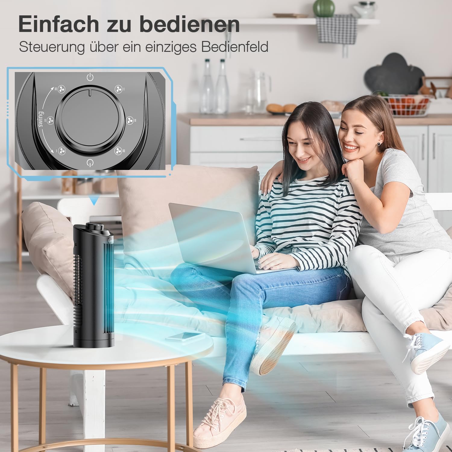 Grelife Turmventilator Leiser, 7,9m/s Geschwindigkeit, 80° Oszillierende Ventilatoren, Schnelle Kühlung Tischventilator für Büro, Zuhause, Schlafzimmer, Schwarz