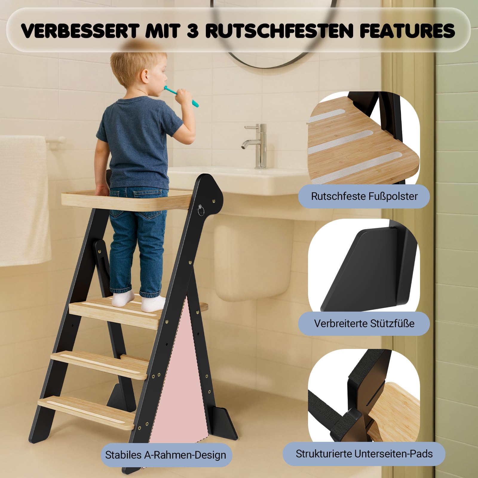 COSYLAND Lernturm ab 1 Jahr klappbar – iF Design Award Gewinner, höhenverstellbarer Lernturm mit Sicherheitsnetz, Montessori Learning Tower/Lernstuhl für Kinder, Foldi (Schwarz & Natur)