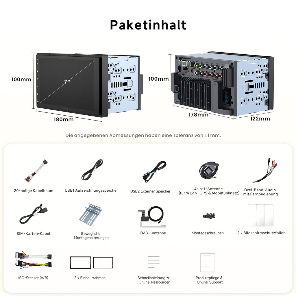 ATOTOZONE X10DG2B7E 7 Zoll Android DAB+ Autoradio Doppel-Din, 8+128G, 4G LTE, KI-Sprachassistent, Kabelloses Carplay & Android Auto, Duales Mikrofon & BT & Kameraeingang, 36B-EQ, HDMI-Eingang