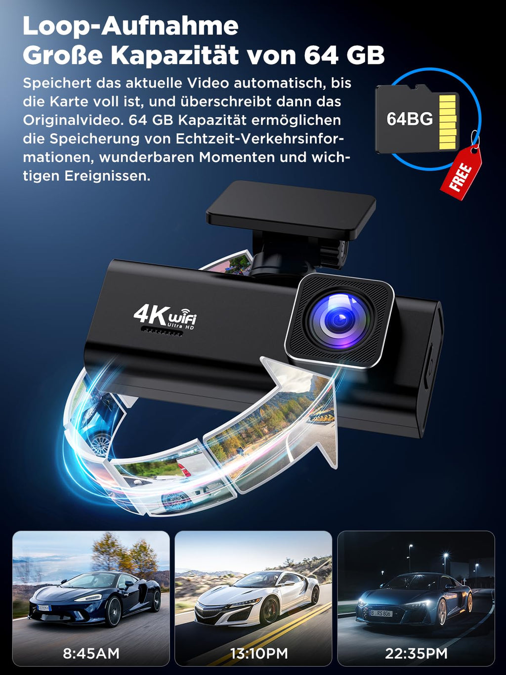 Topabol Dashcam Auto, 4K + 1080P Dashcam Auto Vorne Hinten, WiFi Dash Cam mit 64GB SD Karte, Dual Auto Kamera mit Nachtsicht, 170° Weitwinkel WDR, G-Sensor, Loop-Aufnahme, APP Steuerung, Max 256GB