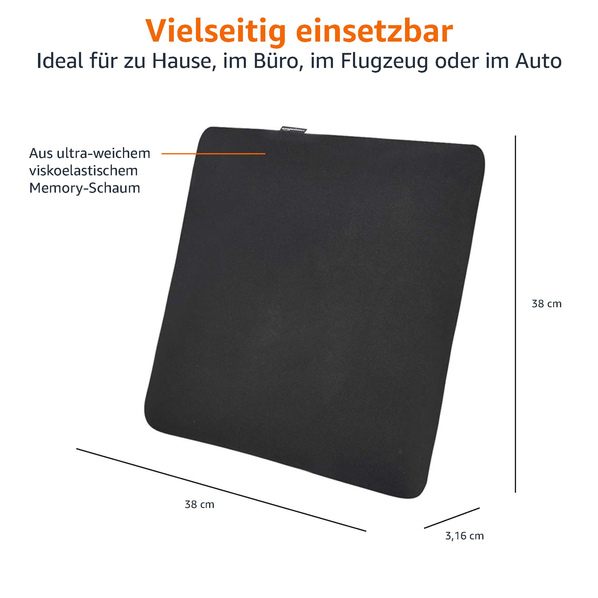 Amazon Basics Quadratisch Sitzkissen aus Memoryschaum, 38 x 38 cm, Schwarz