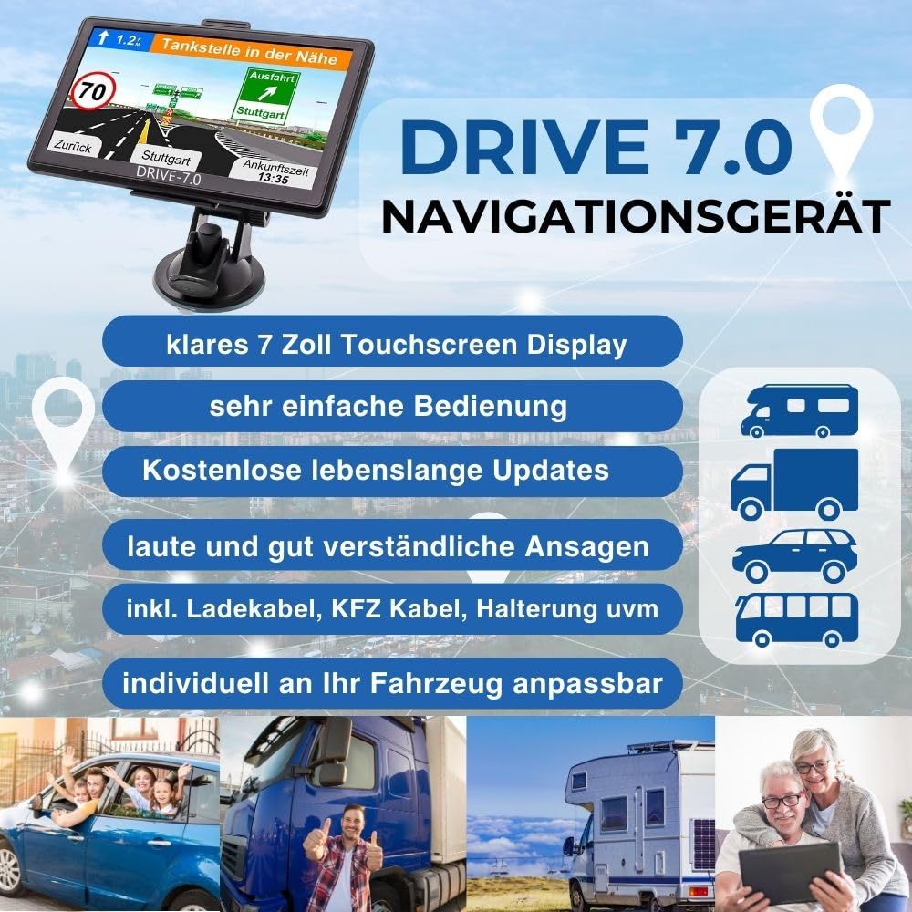 GABITECH 7 Zoll GPS Navigationsgerät Drive 7.0 Navi für LKW, PKW, Wohnmobil, lebenslange Updates