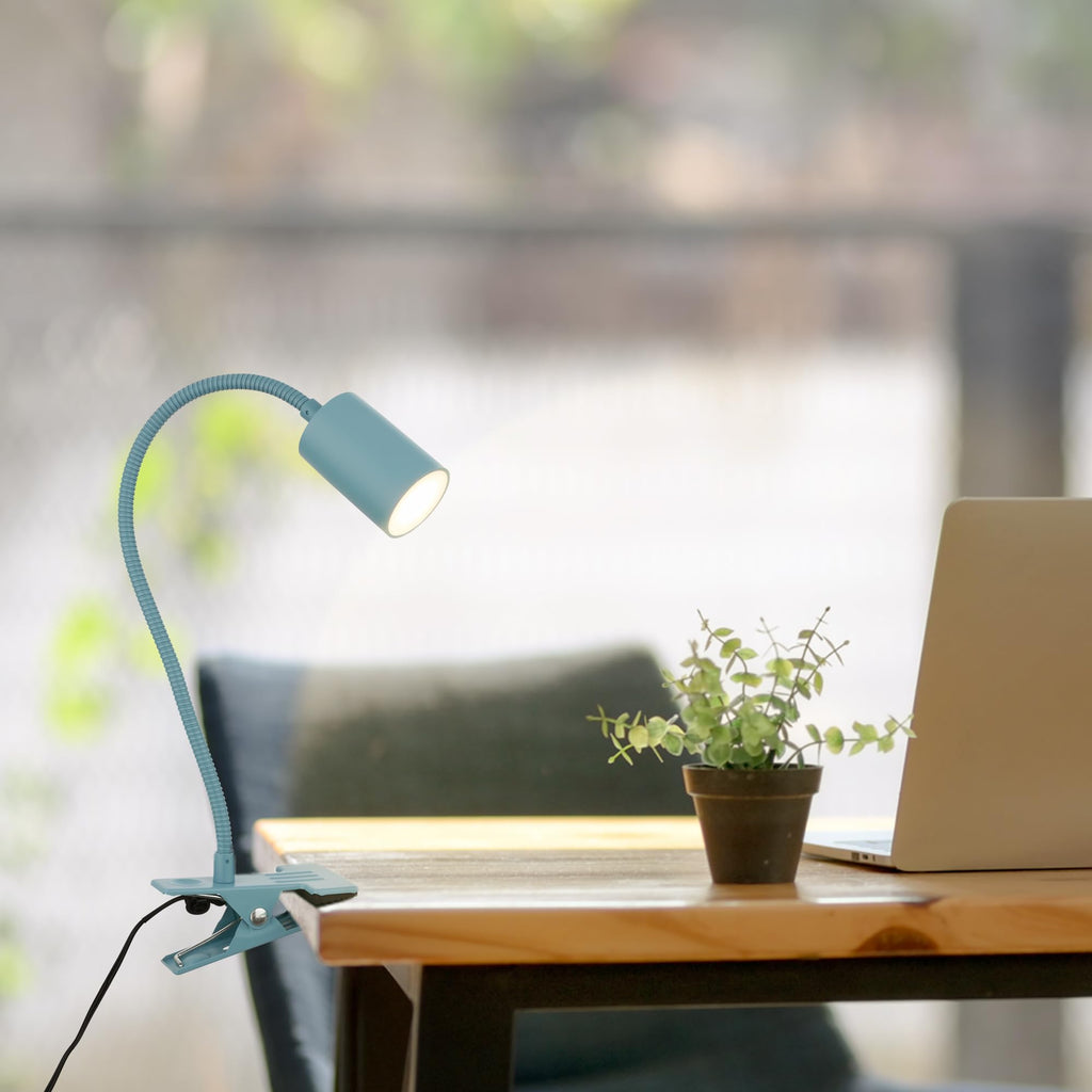 BRILONER - Schreibtischlampe mit Kabelschalter, Warmweiße Lichtfarbe, schwenkbar, Stecker, Leselampe, Klemmlampe, Klemmleuchte, Nachttischlampe, Leselicht Kinder, Bürolampe, 40cm hoch, Blau