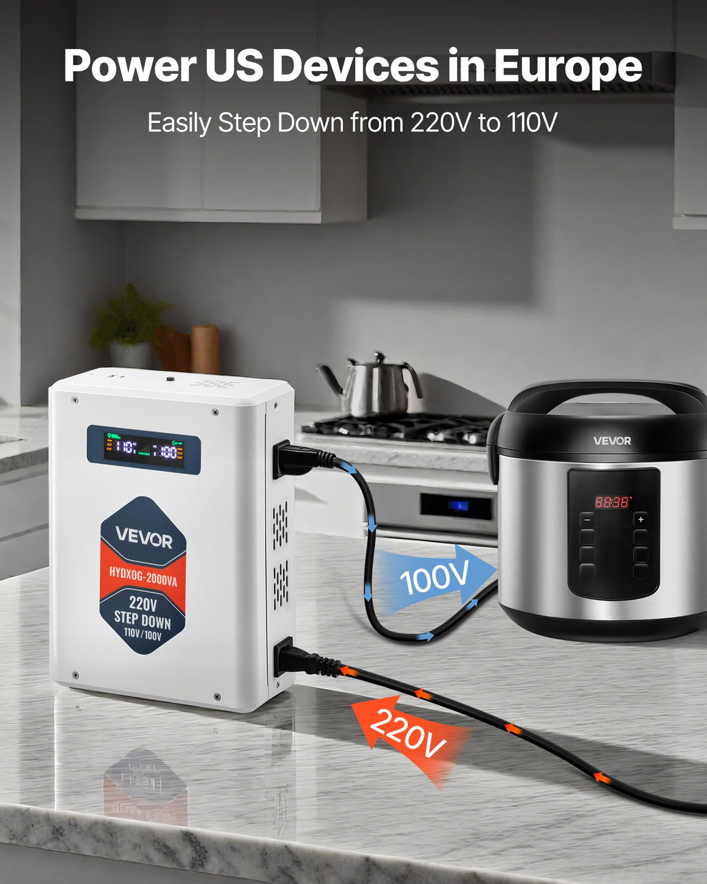 VEVOR Spannungswandler Abwärts, 2000 VA, Hochleistungs-Konverter, 220 V auf 110 V Leistungstransformator, mit 2 US-Steckdosen, USB-Ausgang, LCD-Display, Temperaturschutz, für 110-V-Geräte