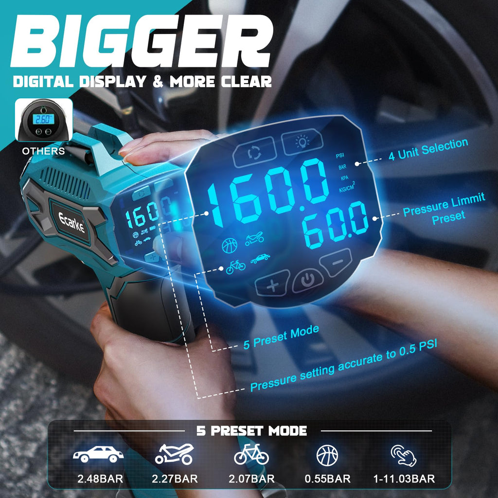 Ecarke Akku-Autokompressor für Makita 18V Li-Ion, Max. 11 bar, Tragbare Akku Luftpumpe mit Digitalem Manometer, Luftkompressor akku für Auto, Motorrad, Fahrrad, Sportbälle