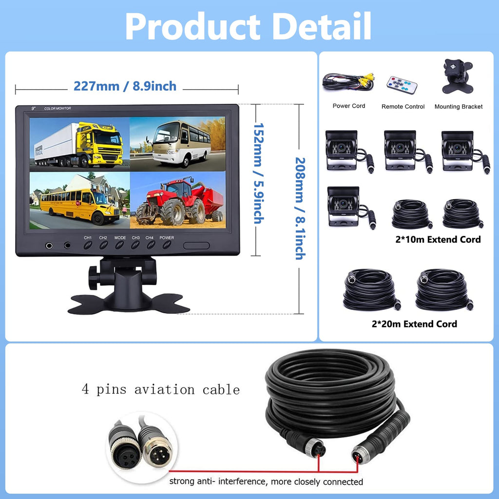 CAMECHO Rückfahrkamera 4 Kameras Set, 9" Monitor 4 Geteilte Rück und Vorder Kamera, Weitwinkel, IP68 wasserdicht, 18IR Nachtsicht, Rückfahrkamera funk für LKW/Anhänger/Bus/Van/Landwirtschaft(12V-35V)