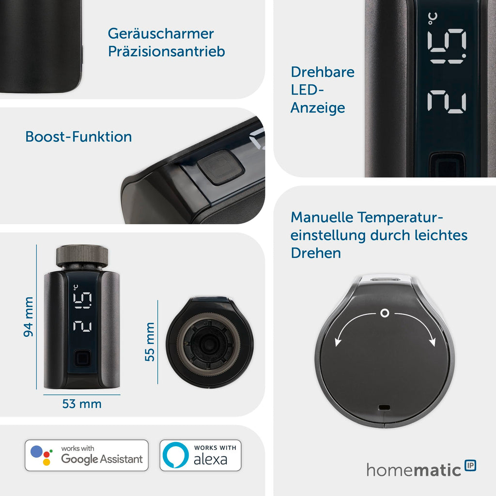 Homematic IP Smart Home Heizkörperthermostat – Evo, anthrazit, digitaler Thermostat Heizung, Steuerung per App, Alexa, Google Assistant, einfache Installation, Energie sparen, 156650A0