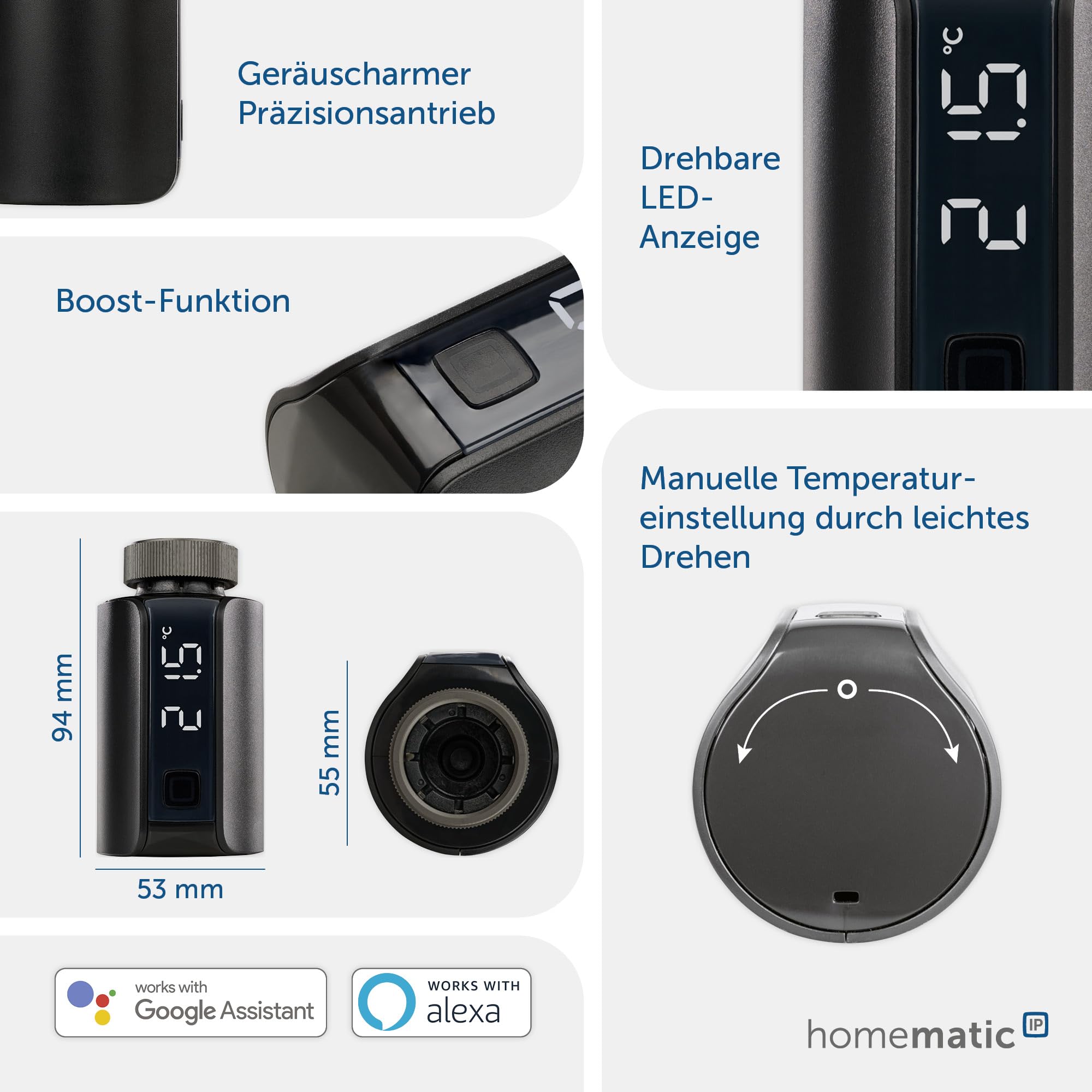 Homematic IP Smart Home Heizkörperthermostat – Evo, anthrazit, digitaler Thermostat Heizung, Steuerung per App, Alexa, Google Assistant, einfache Installation, Energie sparen, 156650A0